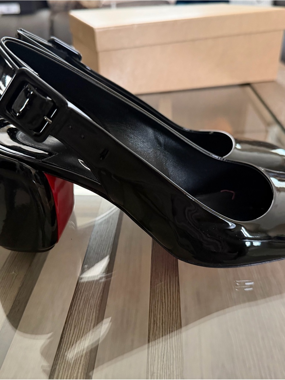 Christian Louboutin Black Patent Slingback Pumps with Red Heel Accent